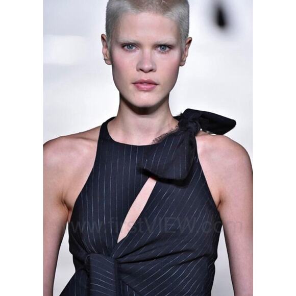 Versace Runway Dress Cut Out Knot Midi Wool Silk Pinstripe Cocktail Slit 2016 44 - Picture 12 of 15